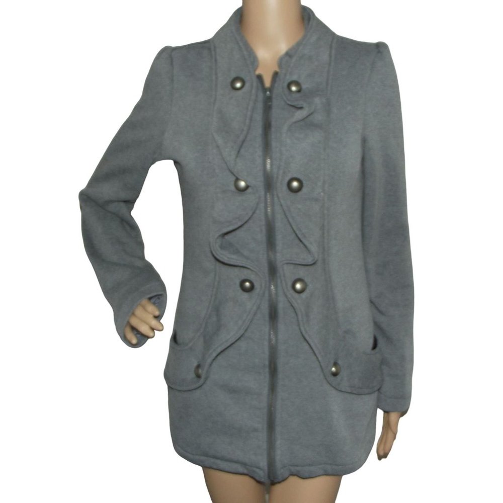 Vanity Fleece Sherpa Lined Jacket Size Medium Gray coat ruffle zip military m